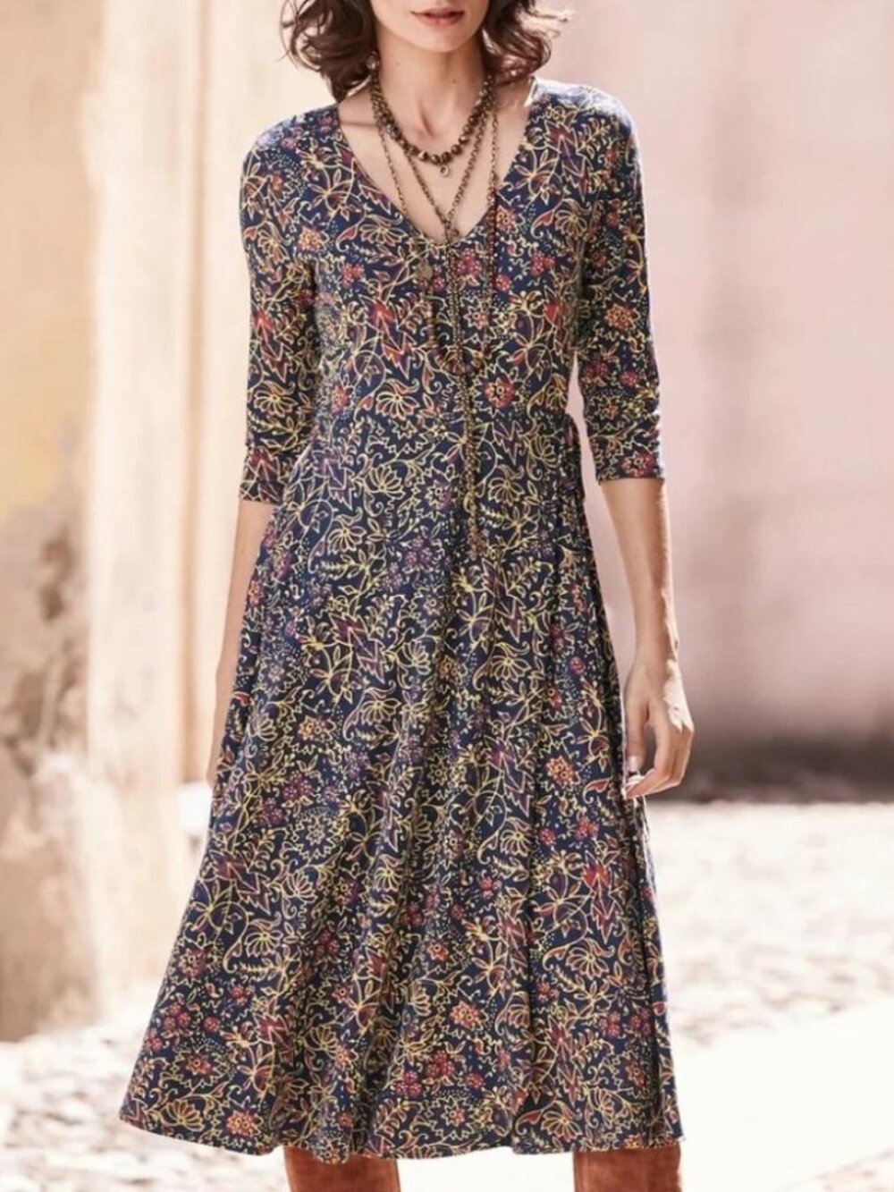 Peruvian Connection Sylvie Floral Dress Pima Cotton jersey faux wrap stretch S